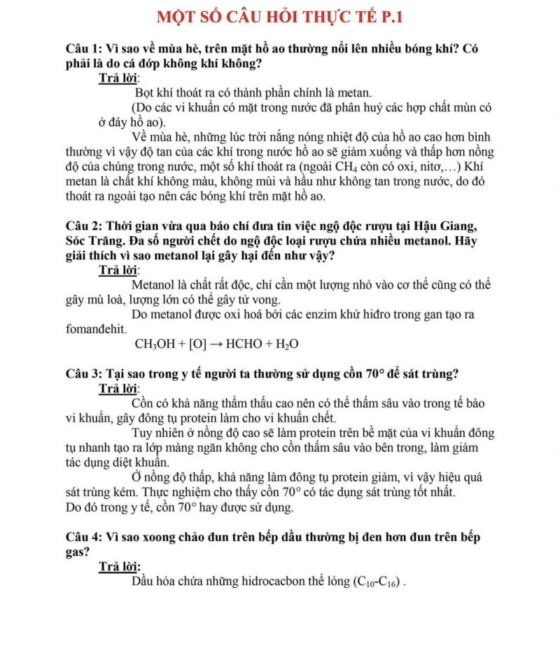Một số c&acirc;u hỏi thực tế về h&oacute;a học
