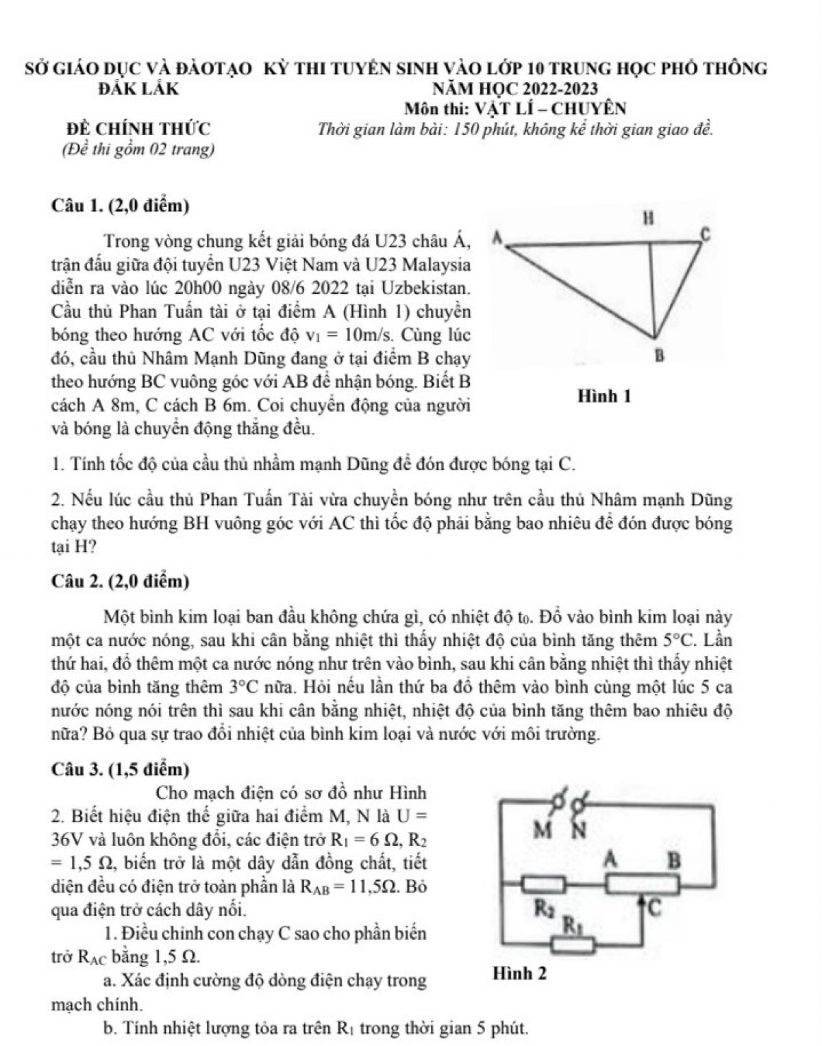 Đề thi tuyển sinh v&agrave;o lớp 10 THPT m&ocirc;n Vật L&iacute; Chuy&ecirc;n tỉnh Đắk Lắk năm 2023