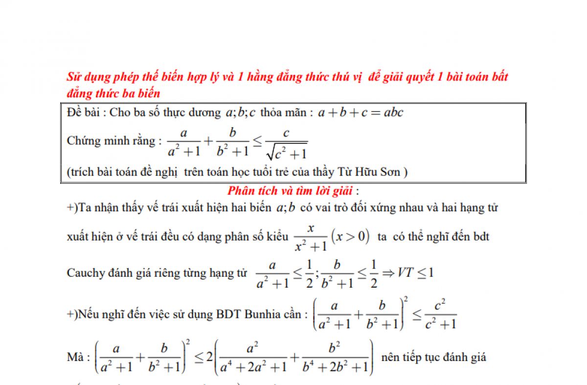 Sử dụng phép thế biến hợp lí và một hằng đẳng thức thú vị để giải quyết một bài toán bất đẳng thức ba biến