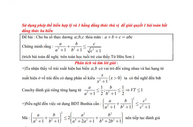 Sử dụng ph&eacute;p thế biến hợp l&iacute; v&agrave; một hằng đẳng thức th&uacute; vị để giải quyết một b&agrave;i to&aacute;n bất đẳng thức ba biến