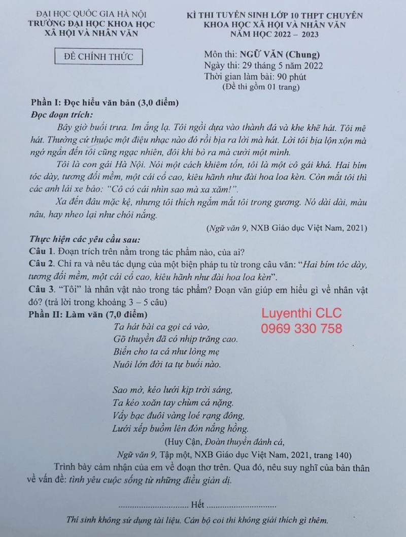 Đề thi tuyển sinh v&agrave;o lớp 10 THPT CHUY&Ecirc;N m&ocirc;n Ngữ Văn Trường Đại học Khoa học X&atilde; hội v&agrave; Nh&acirc;n văn H&agrave; Nội năm 2022 ( Đề chung )