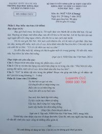 Đề thi tuyển sinh vào lớp 10 THPT CHUYÊN môn Ngữ Văn Trường Đại học Khoa học Xã hội và Nhân văn Hà Nội năm 2022 ( Đề chung )
