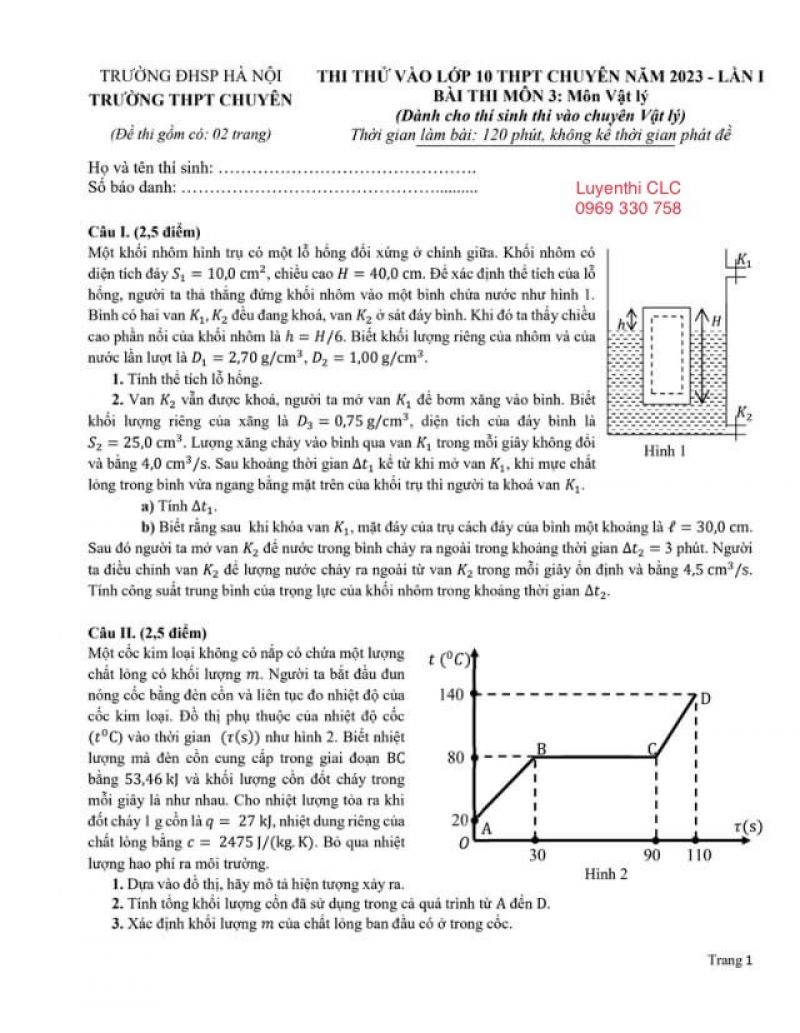 Đề thi thử vào lớp 10 THPT CHUYÊN môn Vật Lý Trường THPT CHUYÊN Đại học Sư phạm Hà Nội năm 2023 - lần 1