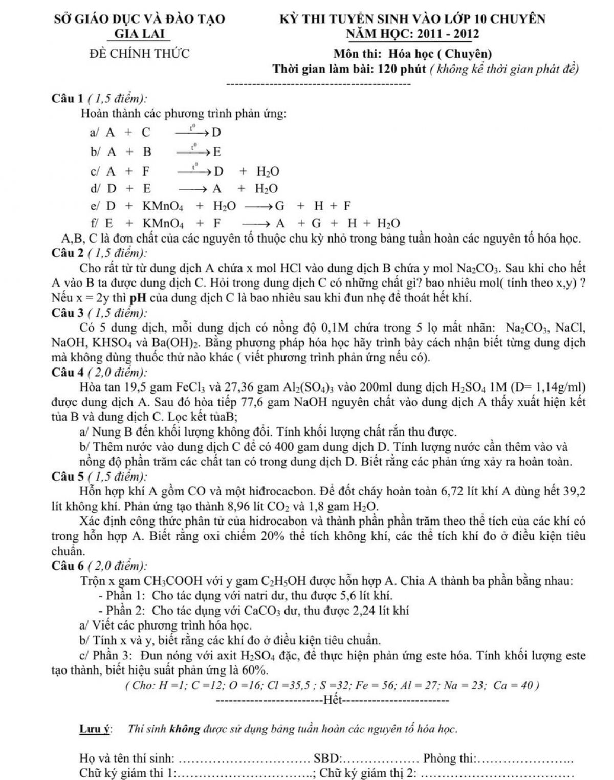 Đề thi tuyển sinh v&agrave;o lớp 10 THPT CHUY&Ecirc;N m&ocirc;n H&oacute;a Học tỉnh Gia Lai năm 2012