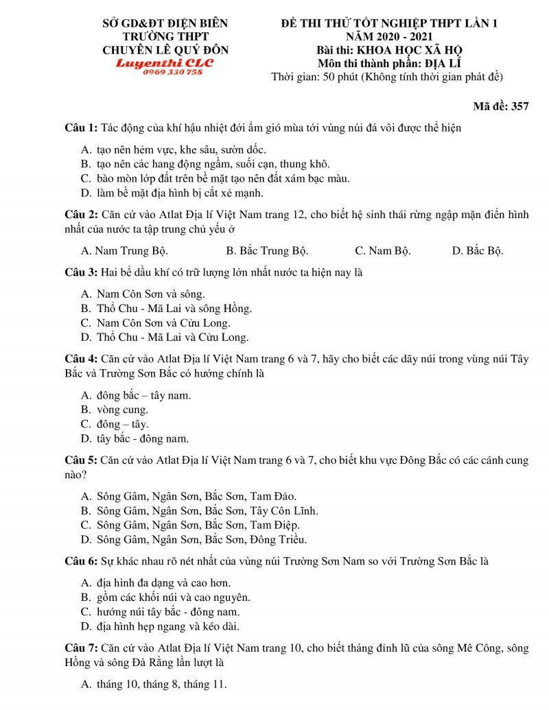 Đề thi thử tốt nghiệp THPT lần 1 môn Địa Lí Trường THPT CHUYÊN Lê Qúy Đôn, Điện Biên năm 2020