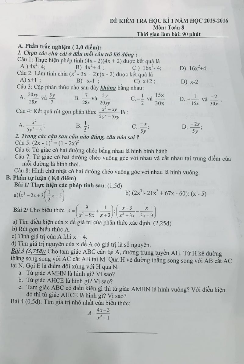 Đề kiểm tra cuối học kì I môn Toán lớp 8 năm 2015