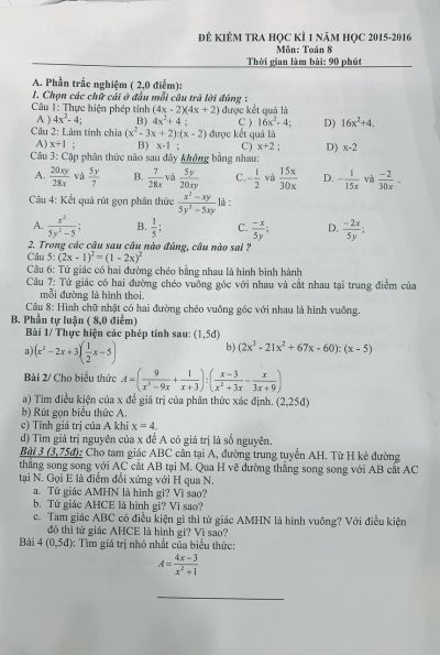 Đề kiểm tra cuối học kì I môn Toán lớp 8 năm 2015