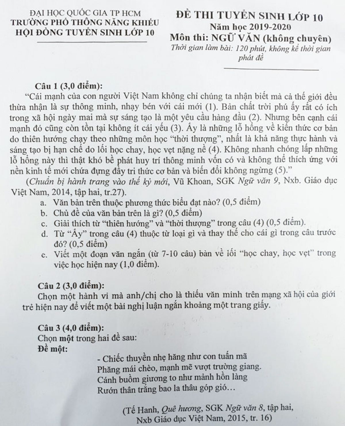 Đề thi tuyển sinh vào lớp 10 môn Ngữ Văn Đại học Quốc gia Thành phố Hồ Chí Minh năm 2019