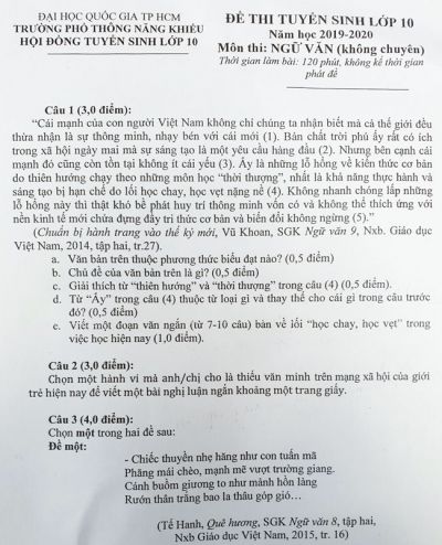 Đề thi tuyển sinh vào lớp 10 môn Ngữ Văn Đại học Quốc gia Thành phố Hồ Chí Minh năm 2019