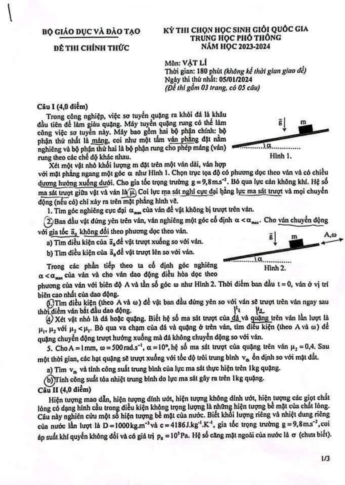 Đề thi chọn HSG quốc gia THPT môn Vật Lí ngày 5/1/2024