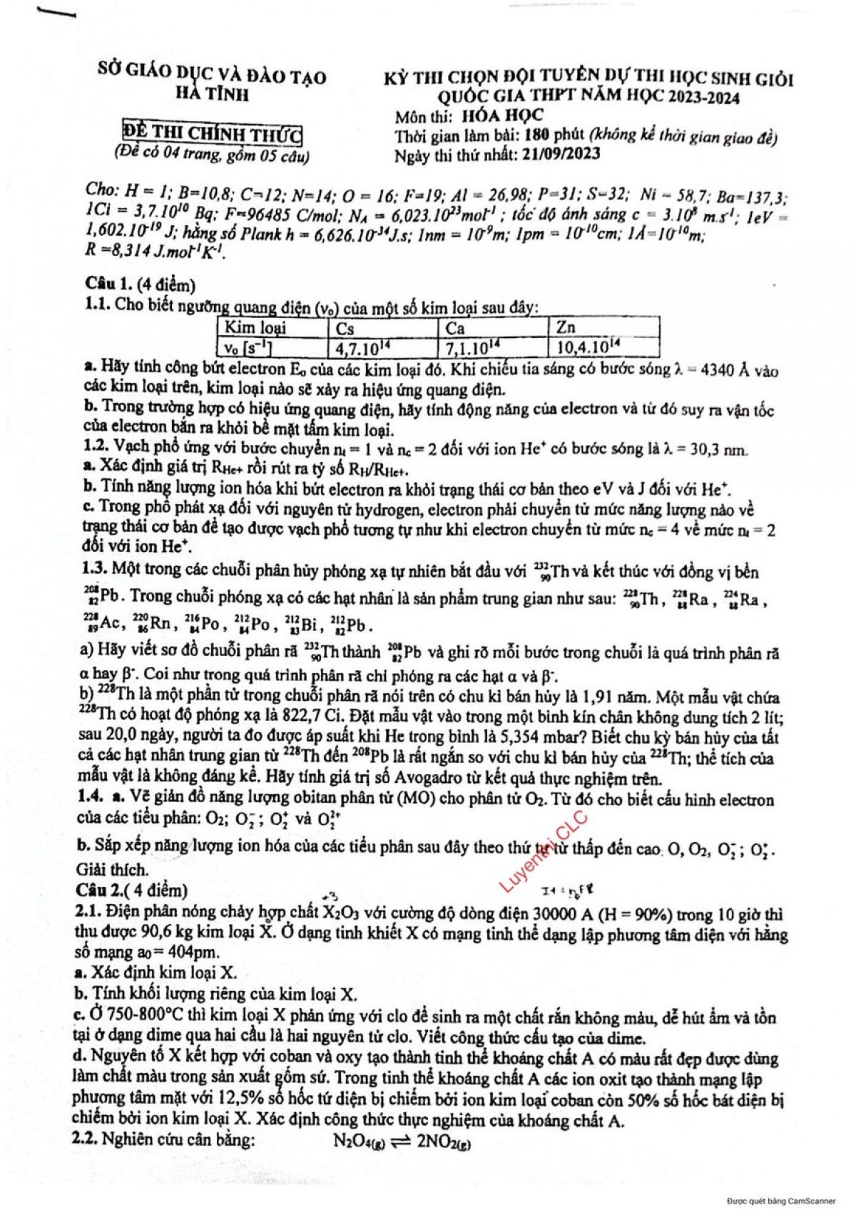 Đề thi chọn đội tuyển dự thi HSG Quốc Gia m&ocirc;n H&oacute;a Học tỉnh H&agrave; Tĩnh năm 2023