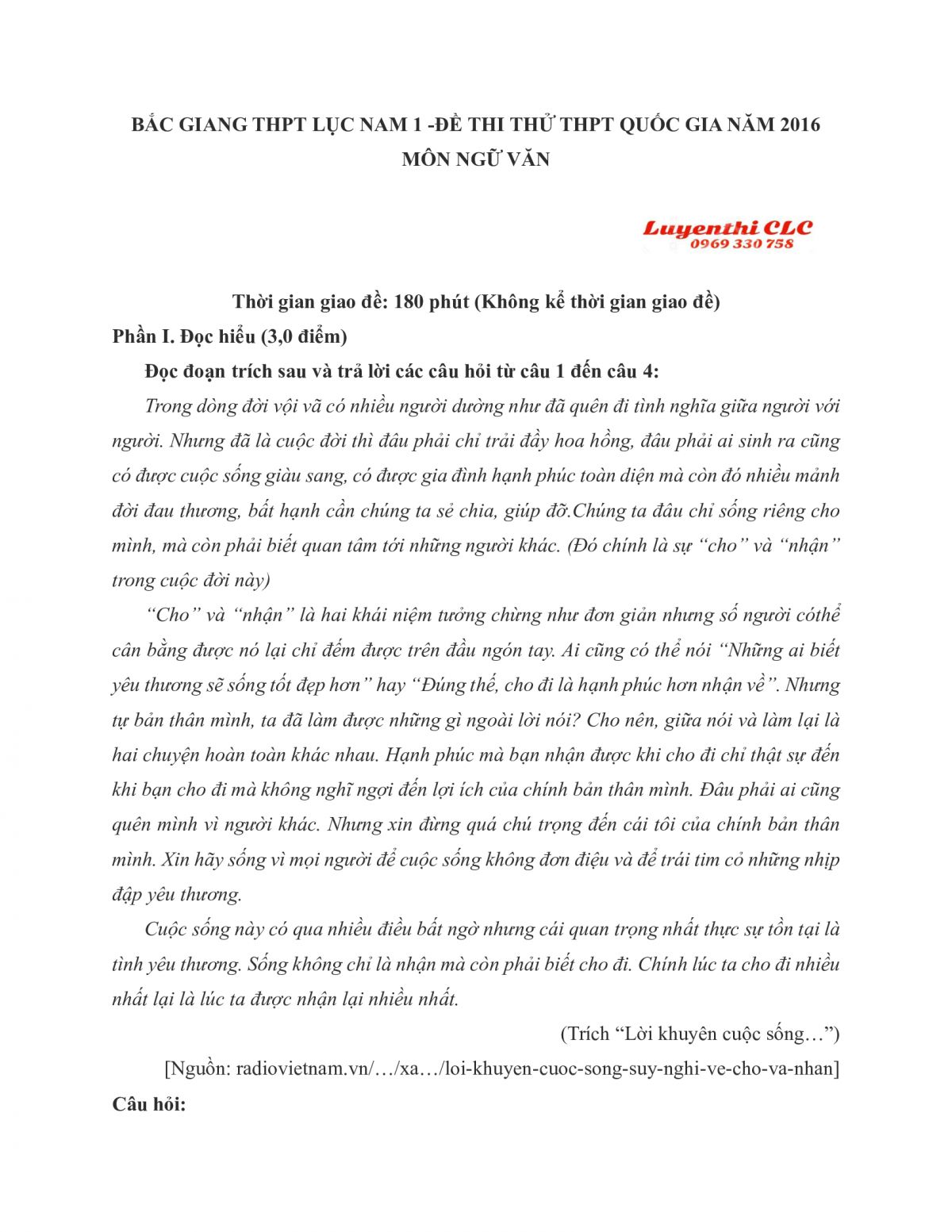 Đề thi thử THPT Quốc Gia v&agrave; đ&aacute;p &aacute;n m&ocirc;n Ngữ Văn tỉnh Bắc Giang năm 2016