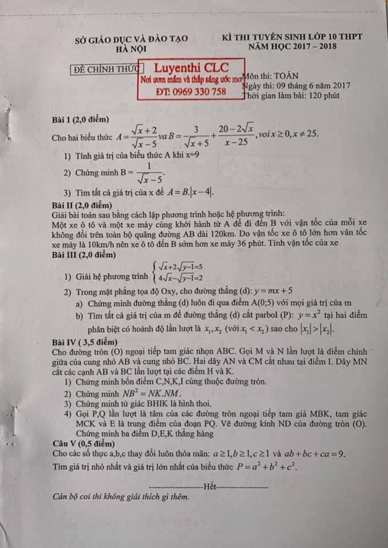 Đề thi tuyển sinh vào lớp 10 THPT môn Toán tại Hà Nội năm 2017