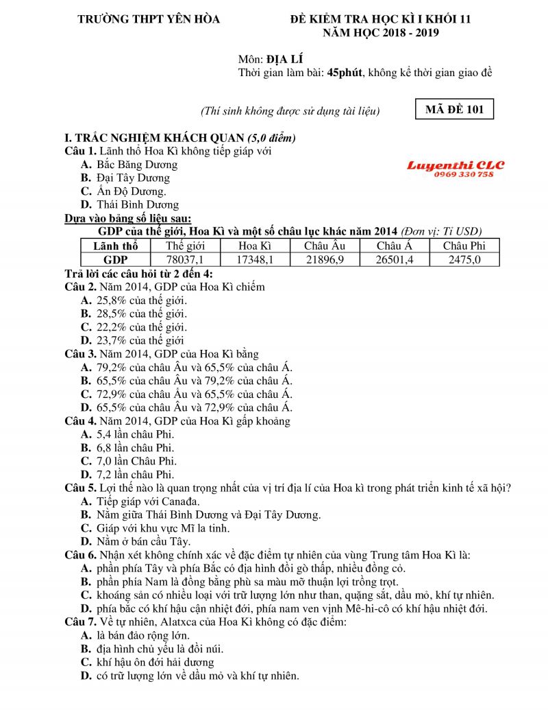 Đề kiểm tra học kì I khối 11 môn Địa Lí Trường THPT Yên Hòa, Hà Nội năm 2018