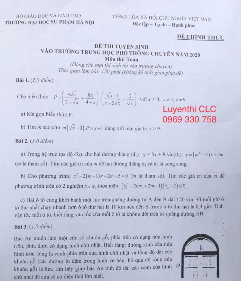 Đề thi tuyển sinh môn Toán (Toán chung) vào lớp 10 THPT chuyên ĐHSP Hà Nội năm 2020, ngày thi 14/7/2020
