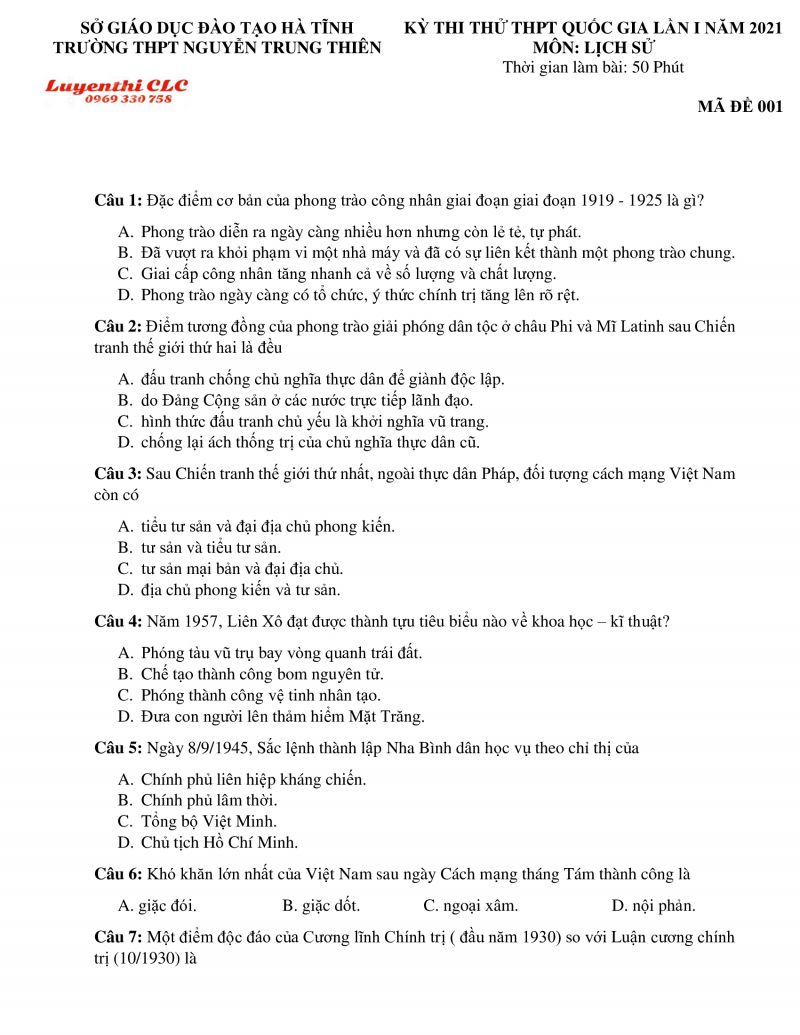 Đề thi thử THPT Quốc Gia môn Lịch Sử lần 1 Trường THPT Nguyễn Trung Kiên tỉnh Hà Tĩnh năm 2021