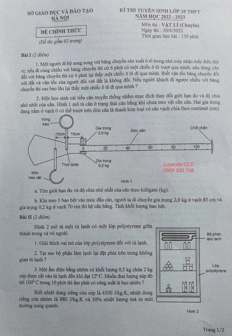 Đề thi tuyển sinh vào lớp 10 THPT môn Vật Lí ( Chuyên ) tại Hà Nội năm 2022