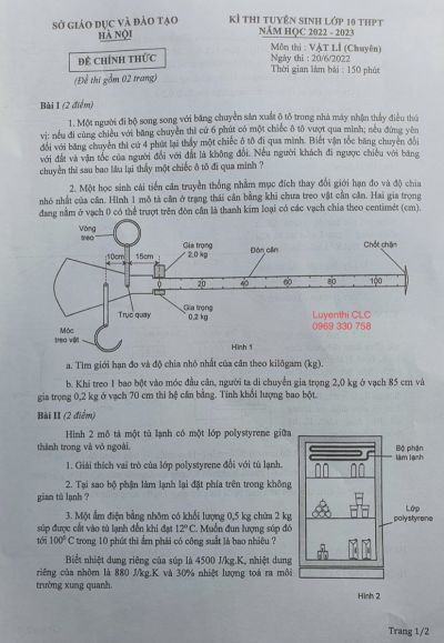 Đề thi tuyển sinh vào lớp 10 THPT môn Vật Lí ( Chuyên ) tại Hà Nội năm 2022