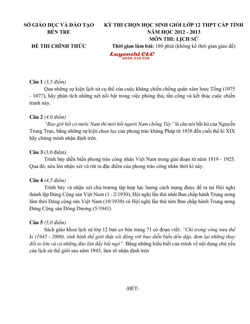 Đề thi chọn HSG cấp tỉnh môn Lịch Sử lớp 12 THPT tỉnh Bến Tre năm 2013