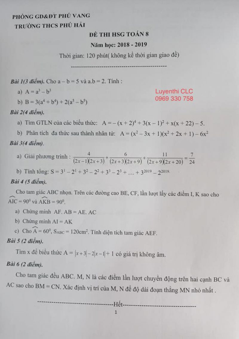 Đề thi HSG môn Toán lớp 8 Trường THCS Phú Hải huyện Phú Vang tỉnh Thừa Thiên - Huế năm 2018