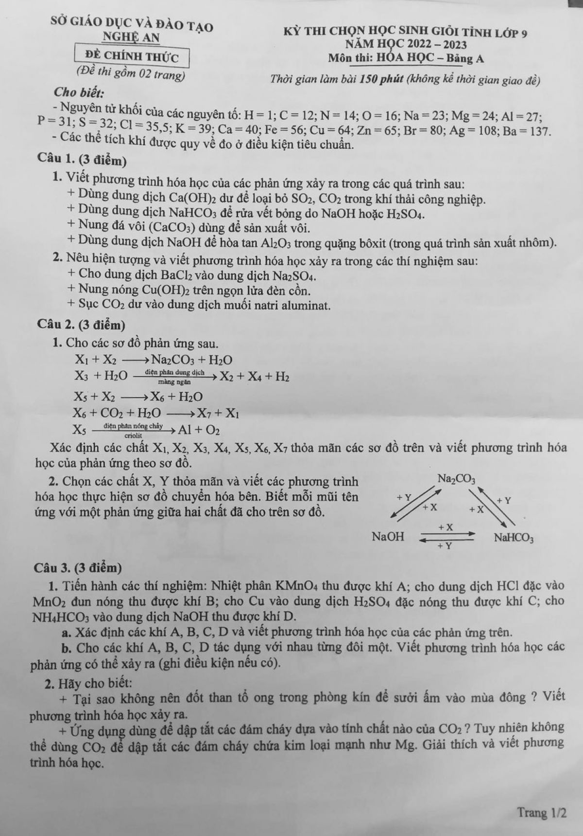 Đề thi chọn HSG m&ocirc;n H&oacute;a Học lớp 9 tỉnh Nghệ An năm 2023