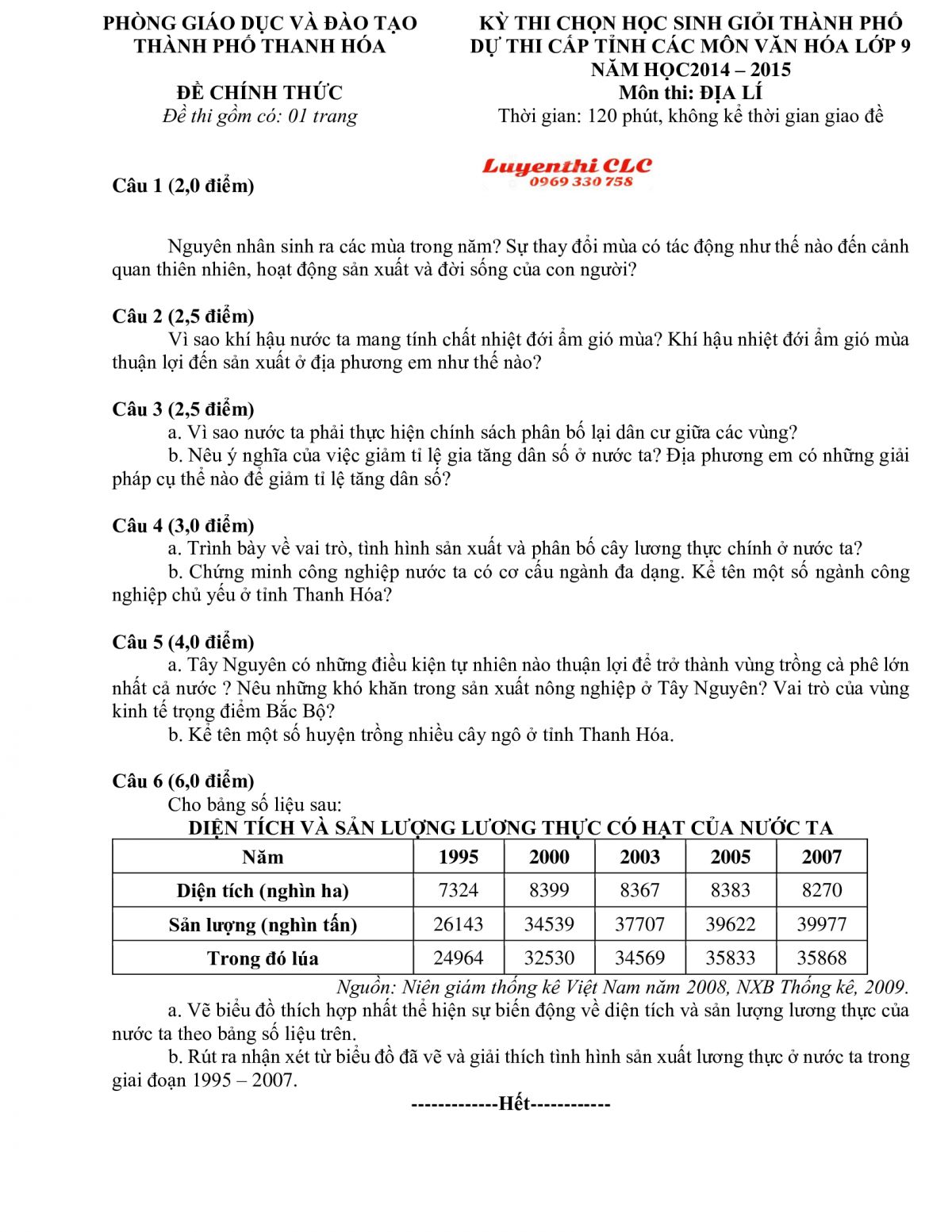Đề thi chọn HSG th&agrave;nh phố dự thi c&aacute;c m&ocirc;n văn h&oacute;a m&ocirc;n Địa L&iacute; lớp 9 tỉnh Thanh H&oacute;a năm 2014