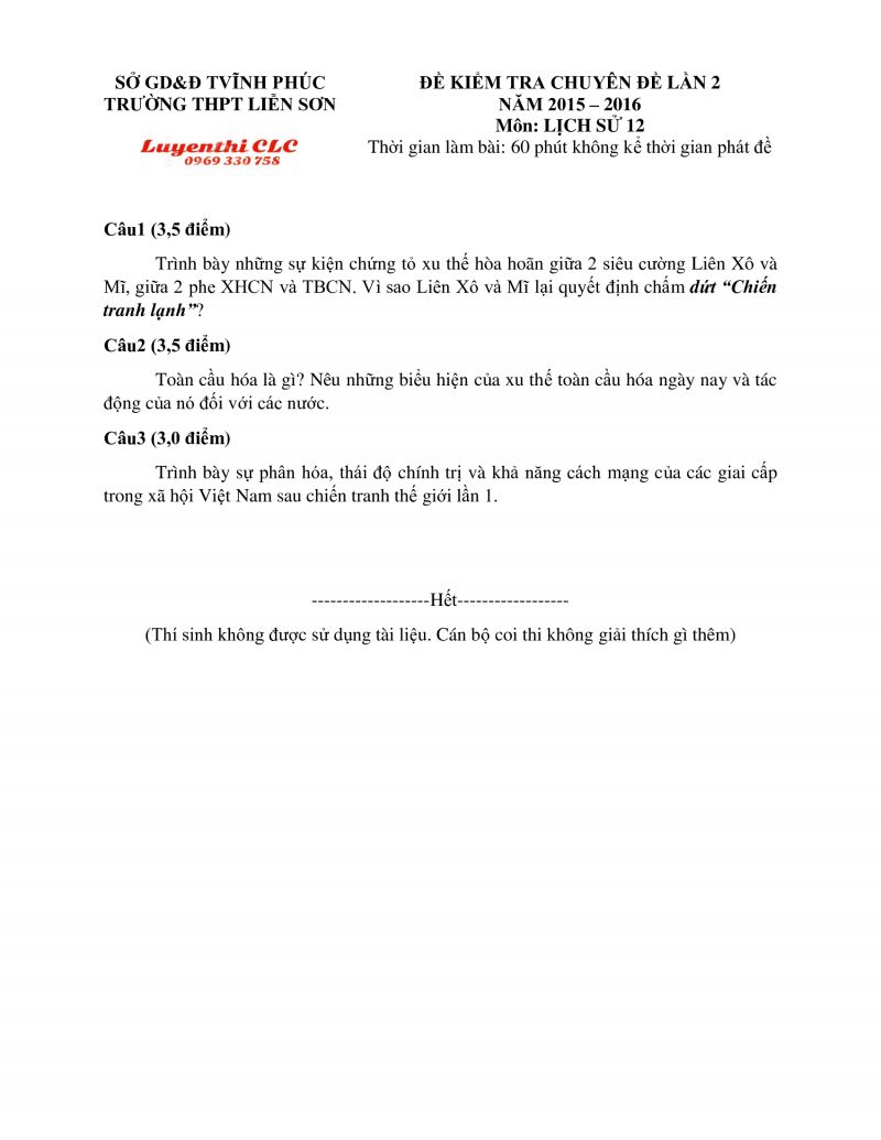 Đề kiểm tra chuyên đề lần 2 môn Lịch Sử lớp 12 Trường THPT Liễn Sơn tỉnh Vĩnh Phúc năm 2016