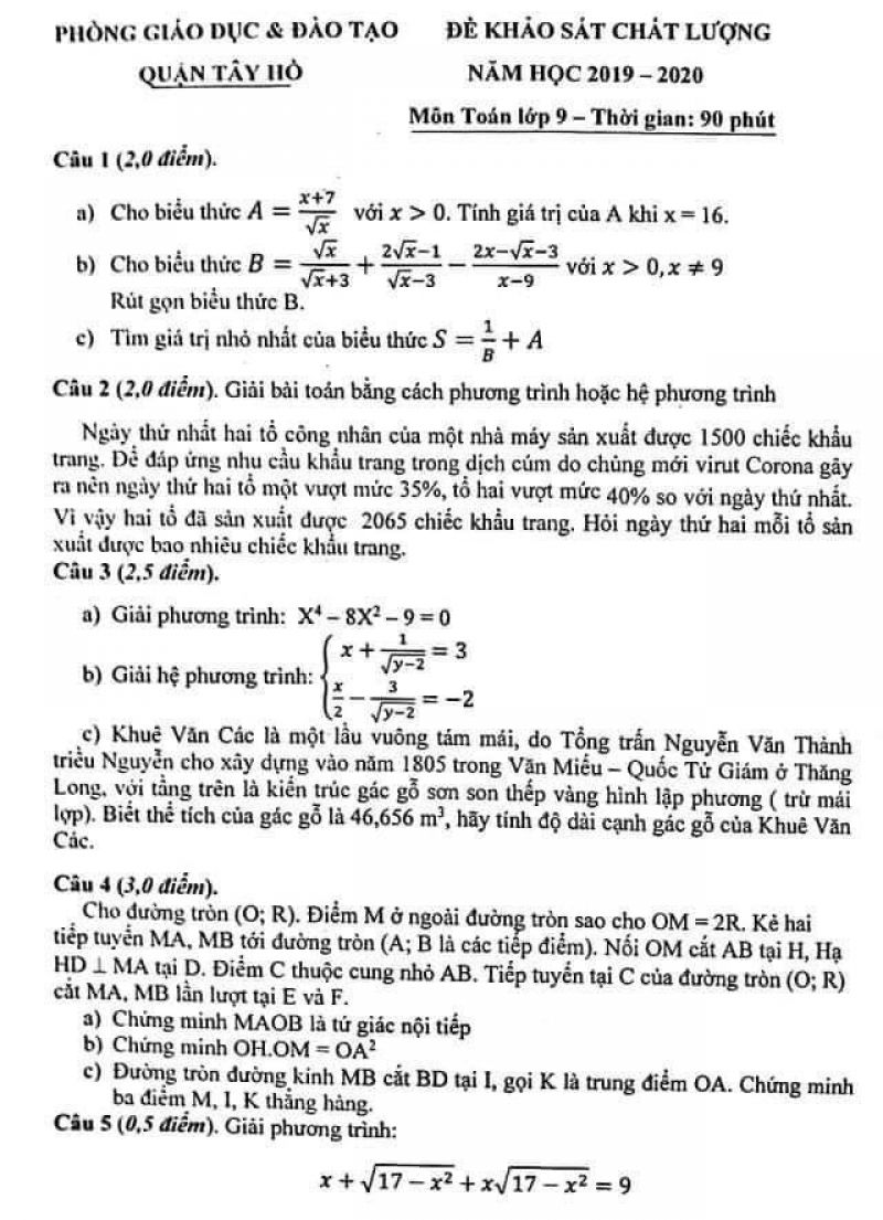 Đề khảo s&aacute;t chất lượng m&ocirc;n To&aacute;n lớp 9 quận T&acirc;y Hồ, H&agrave; Nội năm 2019
