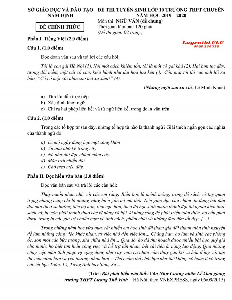Đề thi tuyển sinh vào lớp 10 Trường THPT Chuyên môn Ngữ Văn ( Đề Chung) tỉnh Nam Định năm 2019