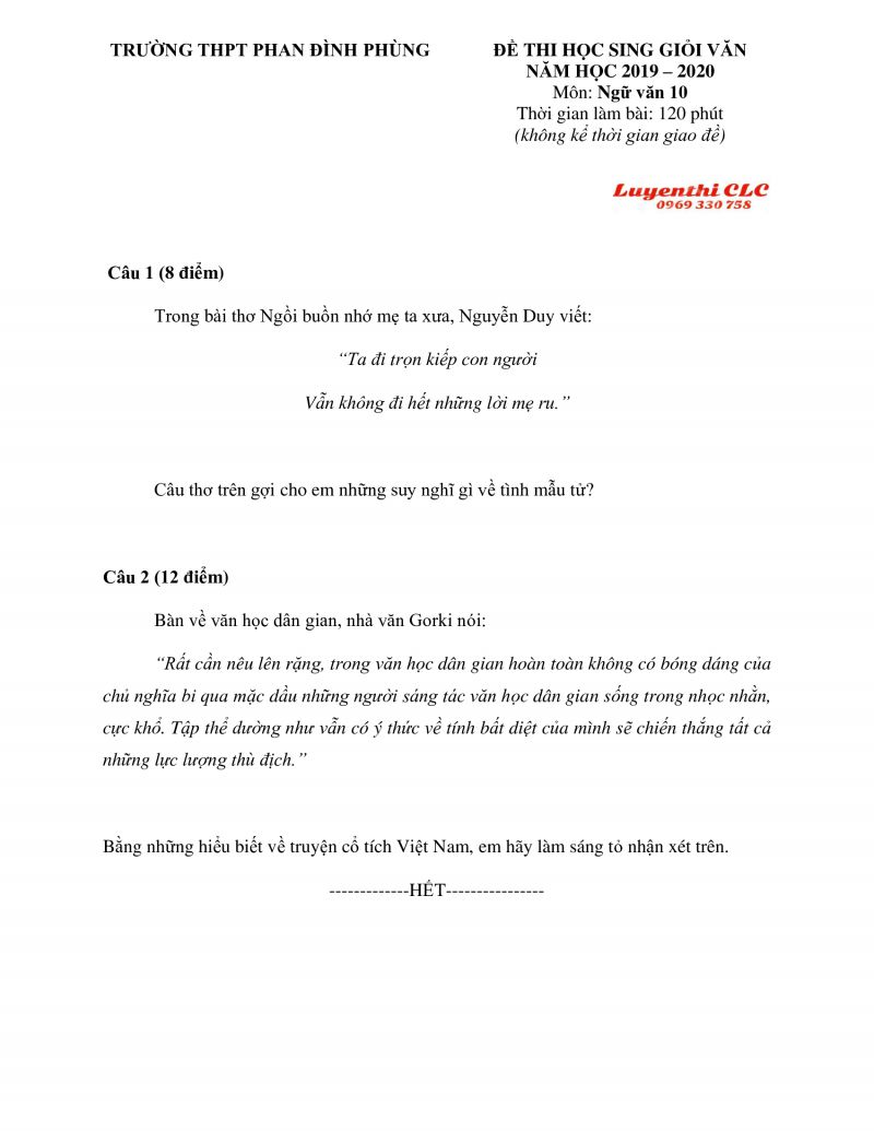 Đề thi HSG m&ocirc;n Ngữ Văn lớp 10 Trường THPT Phan Đ&igrave;nh Ph&ugrave;ng năm 2019