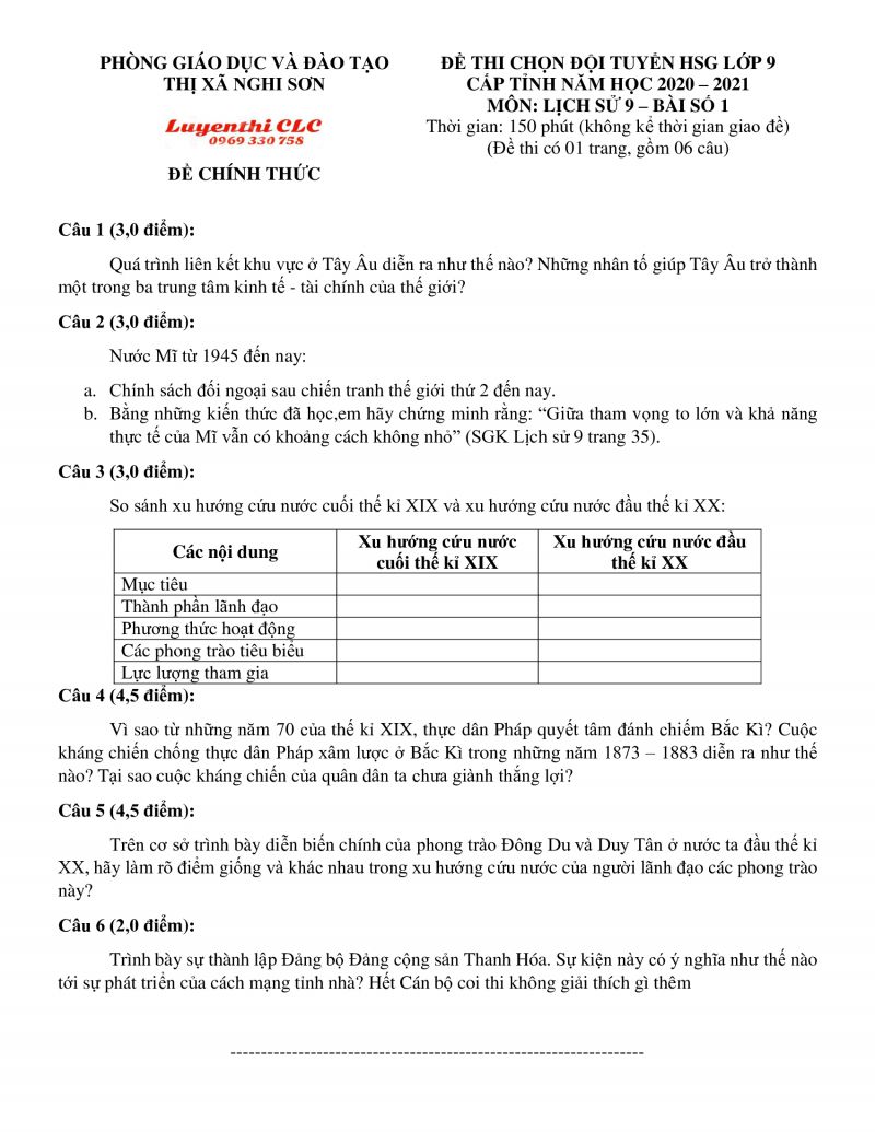 Đề thi chọn đội tuyển HSG môn Lịch Sử lớp 9 Thị xã Nghi Sơn, tỉnh Thanh Hóa năm 2021