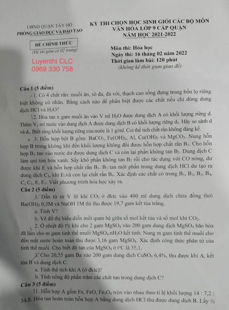 Đề thi HSG môn Hoá học quận Tây Hồ- thành phố Hà Nội năm 2022