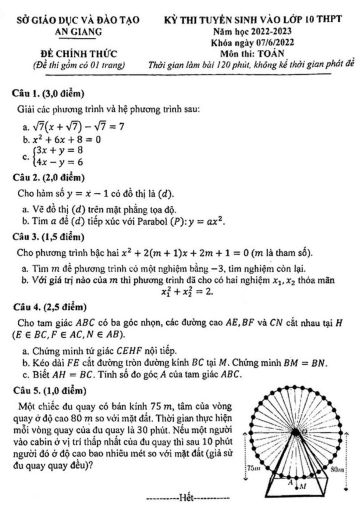 Đề thi tuyển sinh v&agrave;o lớp 10 THPT m&ocirc;n To&aacute;n tỉnh An Giang năm 2022