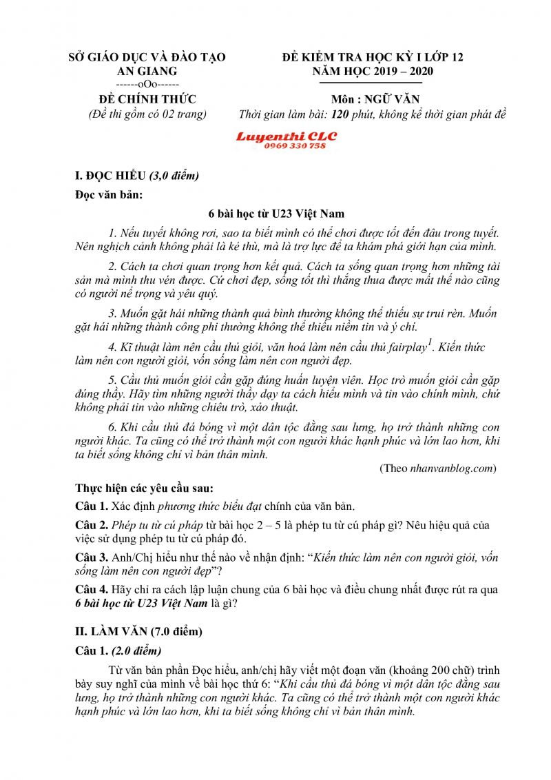 Đề kiểm tra học kì I lớp 12 môn Ngữ Văn tỉnh An Giang năm 2019