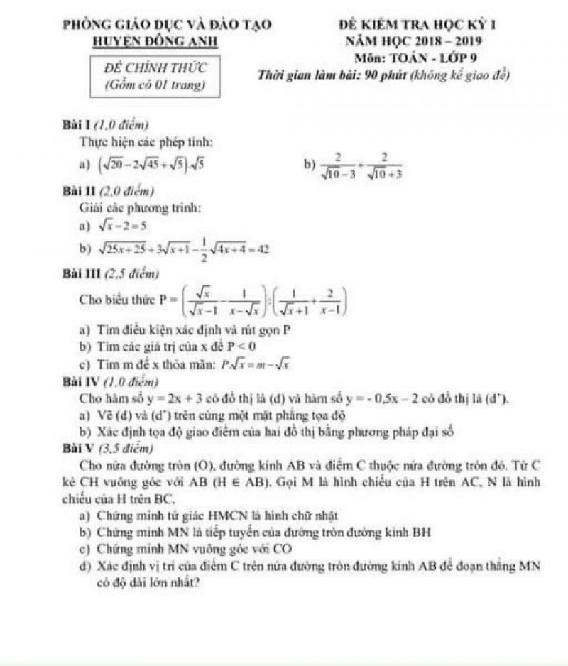 Đề kiểm tra học k&igrave; I m&ocirc;n To&aacute;n lớp 9 huyện Đ&ocirc;ng Anh, H&agrave; Nội năm 2019