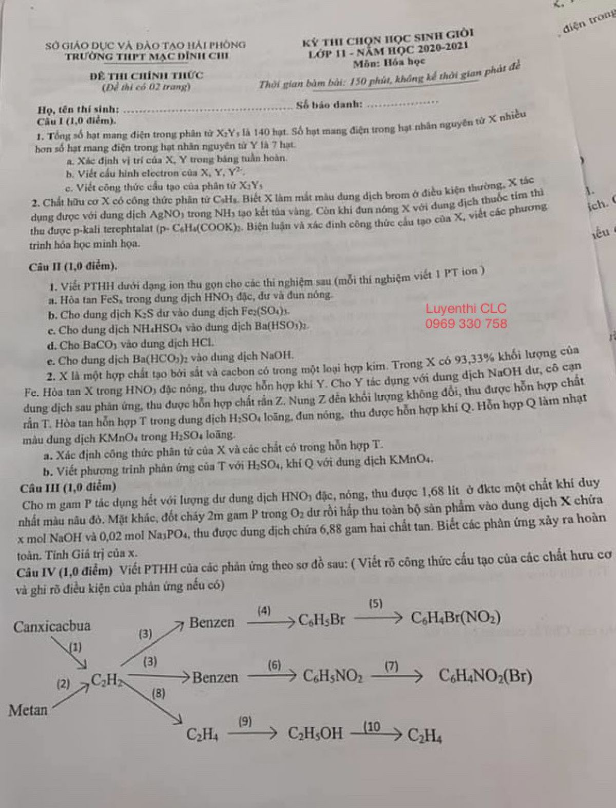 Đề thi chọn HSG và đáp án môn Hóa Học lớp 11 Trường THTP Mạc Đĩnh Chi, thành phố Hồ Chí Minh năm 2021