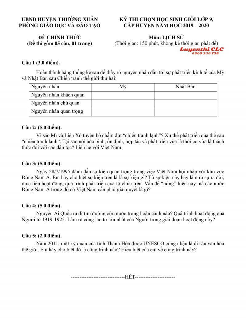 Đề thi chọn HSG m&ocirc;n Lịch Sử lớp 9 huyện Thường Xu&acirc;n, tỉnh Thanh H&oacute;a năm 2020