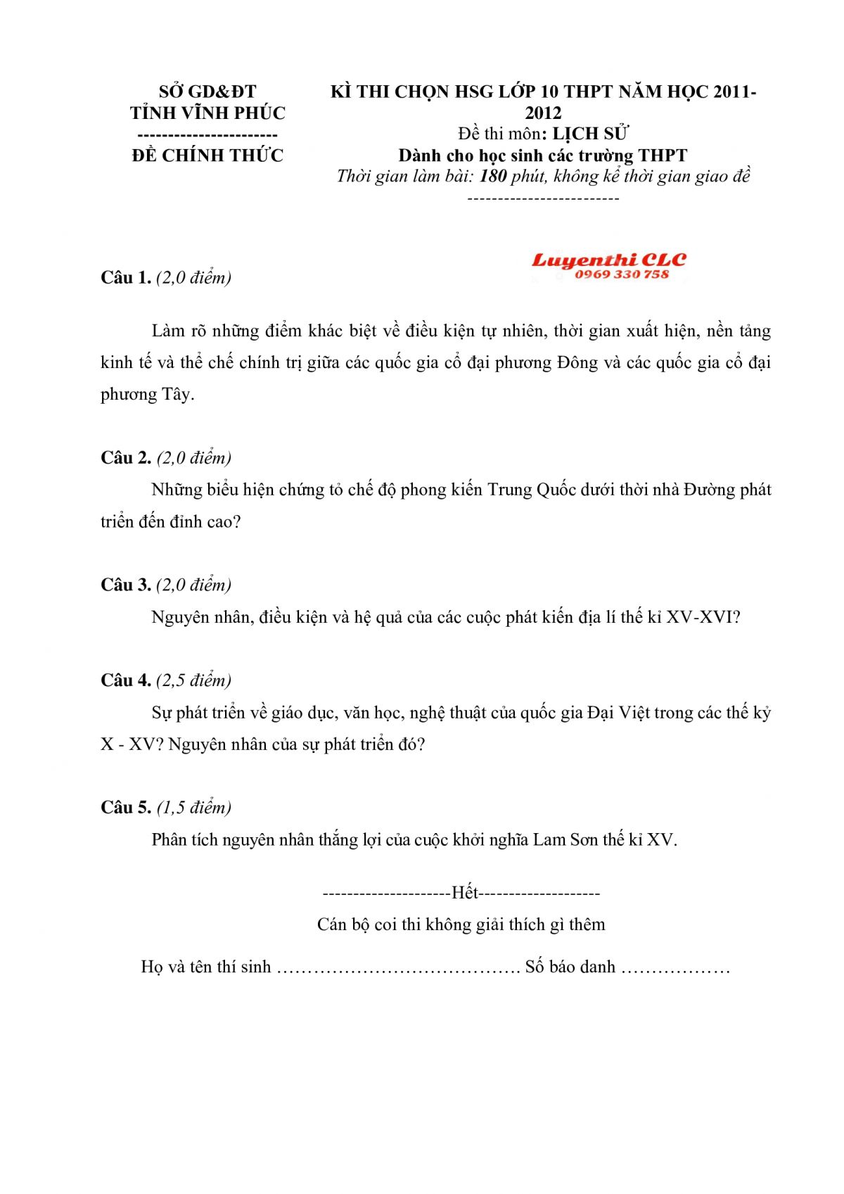 Đề thi chọn HSG lớp 10 THPT và đáp án môn Lịch Sử tỉnh Vĩnh Phúc năm 2012