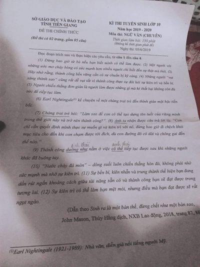 Đề thi tuyển sinh vào lớp 10 THPT CHUYÊN môn Ngữ Văn tỉnh Tiền Giang năm 2019