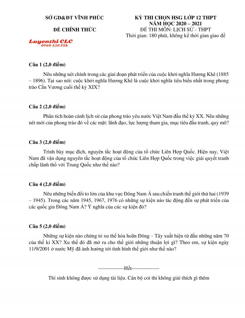 Đề thi chọn HSG lớp 12 THPT môn Lịch Sử tỉnh Vĩnh Phúc năm 2020