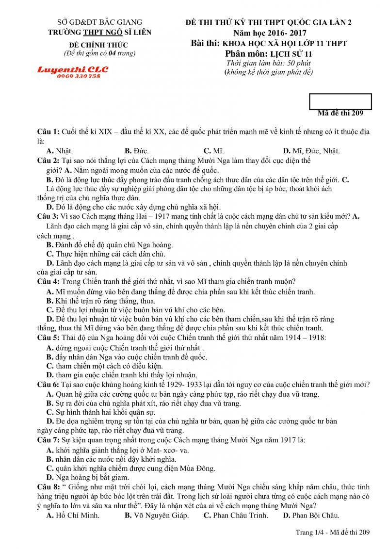 Đề thi thử THPT Quốc Gia m&ocirc;n Lịch Sử 11 tỉnh Bắc Giang năm 2016