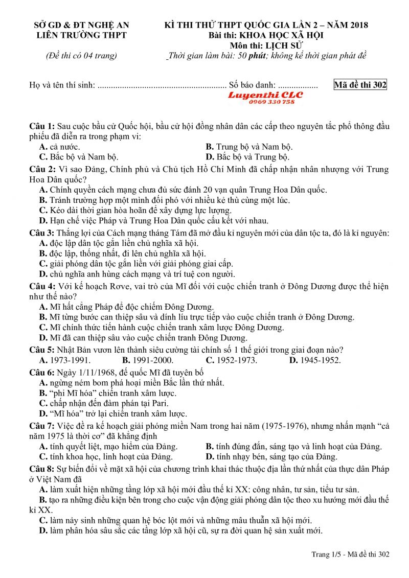 Đề thi thử THPT Quốc Gia lần 2 môn Lịch Sử - mã đề 302 tỉnh Nghệ An năm 2018