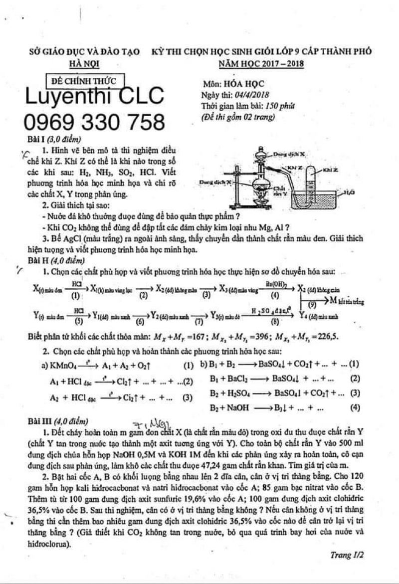 Đề thi chọn HSG lớp 9 cấp thành phố môn Hóa Học tại Hà Nội năm 2018