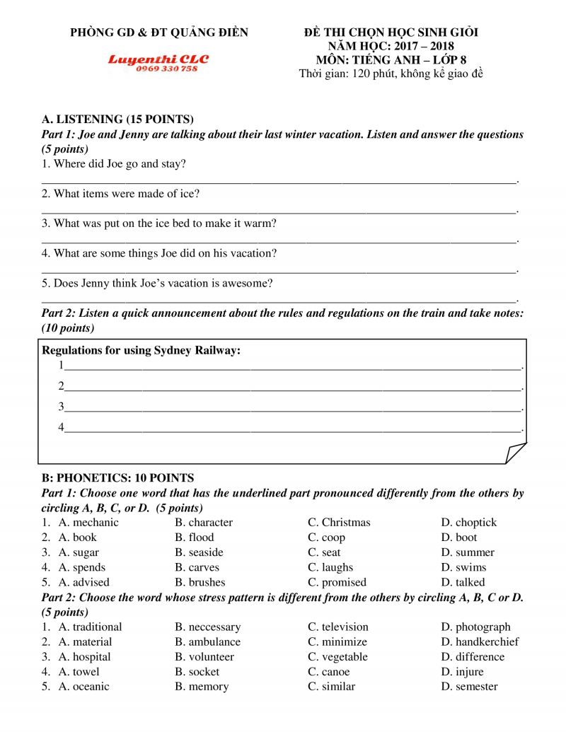 Đề thi chọn HSG m&ocirc;n Tiếng Anh tại Thừa Thi&ecirc;n Huế năm 2018