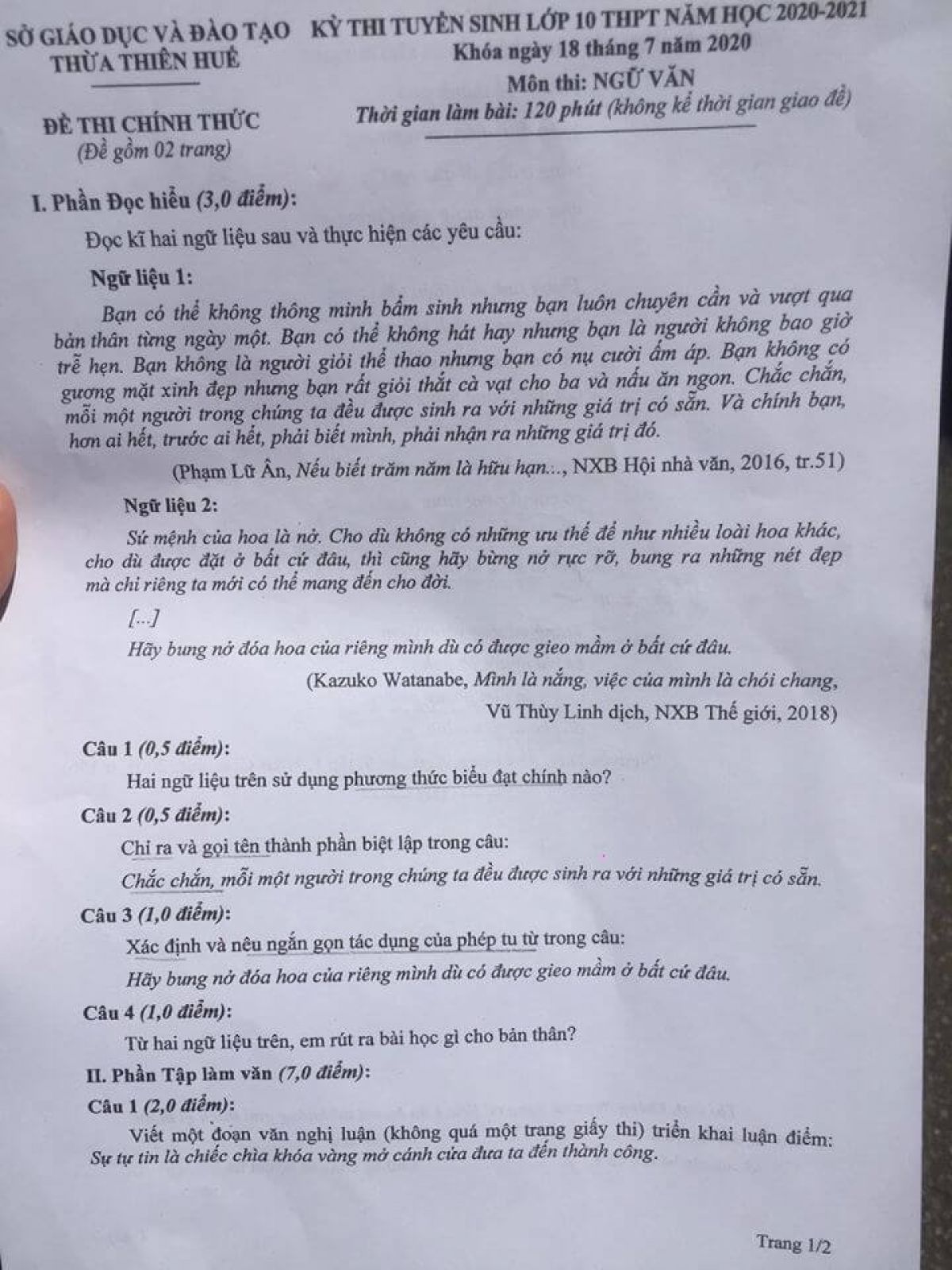 Đề thi tuyển sinh v&agrave;o lớp 10 THPT m&ocirc;n Ngữ Văn tại Thừa Thi&ecirc;n Huế năm 2020