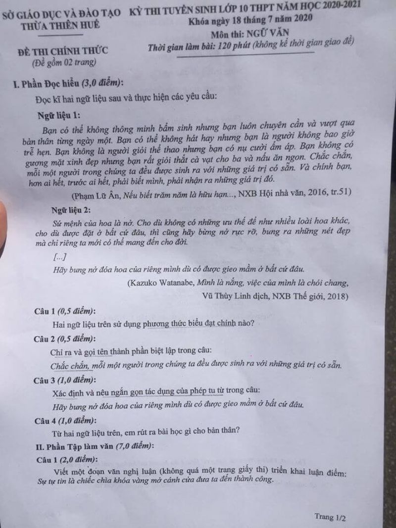 Đề thi tuyển sinh v&agrave;o lớp 10 THPT m&ocirc;n Ngữ Văn tại Thừa Thi&ecirc;n Huế năm 2020