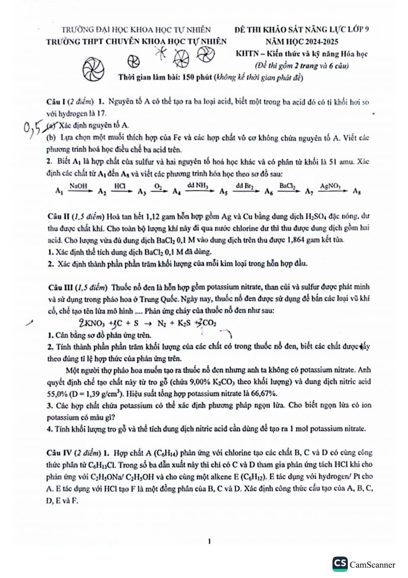 Đề khảo s&aacute;t năng lực m&ocirc;n H&oacute;a lớp 9 - THPT Chuy&ecirc;n KHTN năm 2024-2025