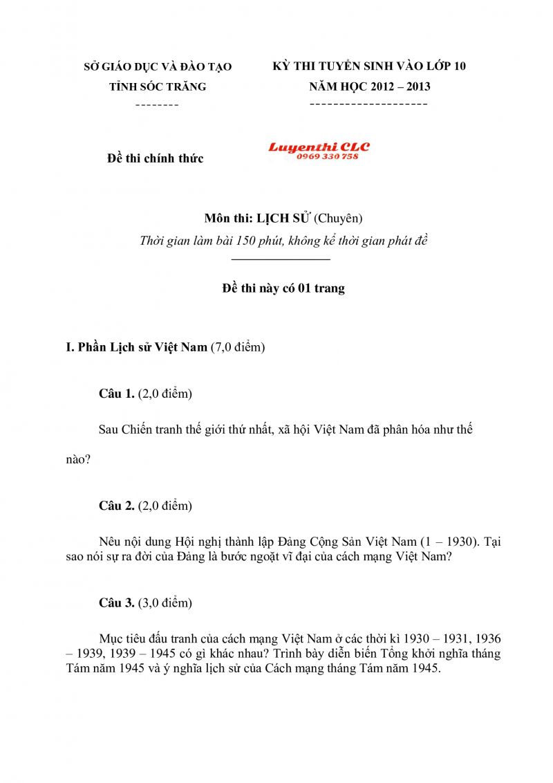 Đề thi tuyển sinh vào lớp 10 và đáp án môn LỊCH SỬ CHUYÊN tại Sóc Trăng năm 2012