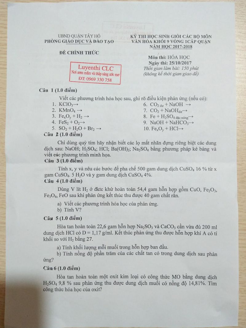 Đề thi HSG văn hóa cấp quận vòng 1 môn Hóa Học quận Tây Hồ năm 2017