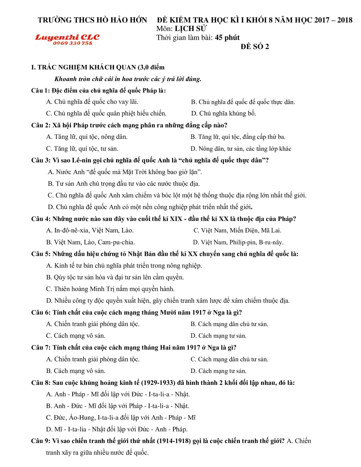 Đề kiểm tra học kì I môn Lịch Sử lớp 8 Trường THCS Hồ Hảo Hớn, tỉnh Bến Tre năm 2017